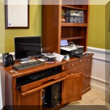 F16 & F17. Thomasville Furniture computer table (31”h x 35”w x 23”d) and matching bookshelf and file cabinet combo (20”h x 16”w x 14”d) 